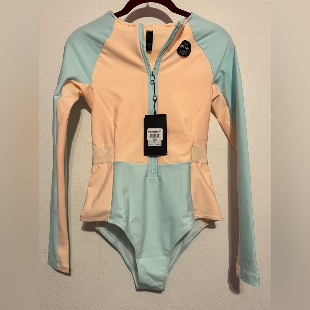 Hurley Two-Tone Peach and Mint Long-Sleeve One-Piece Swimsuit